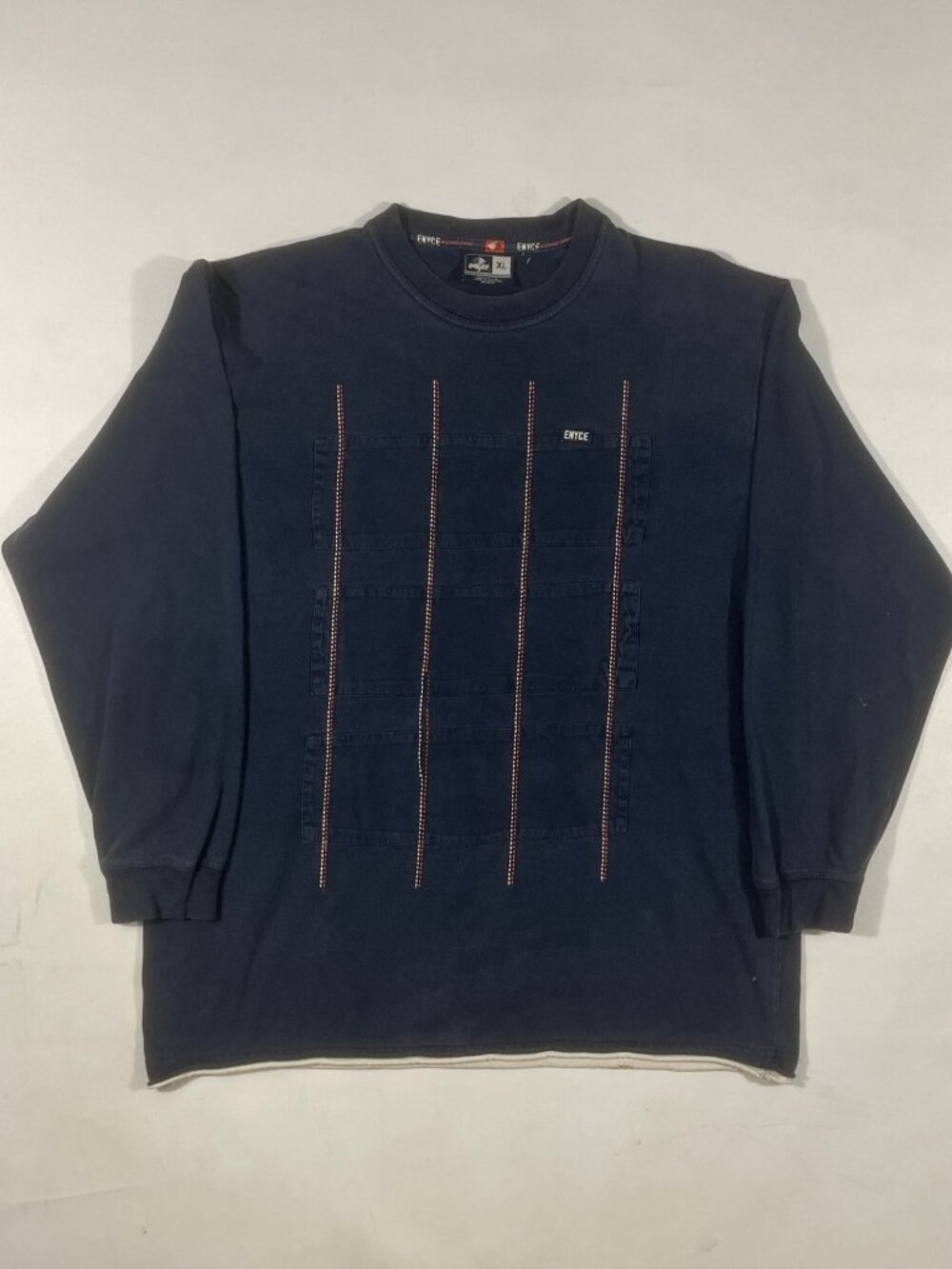 Vintage Y2K Enyce Navy Embroidered Grid Stitch Long Sleeve Mock Neck Shirt XL